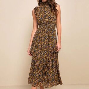 Evalina Mustard Yellow Floral Print Mock Neck Midi Dress